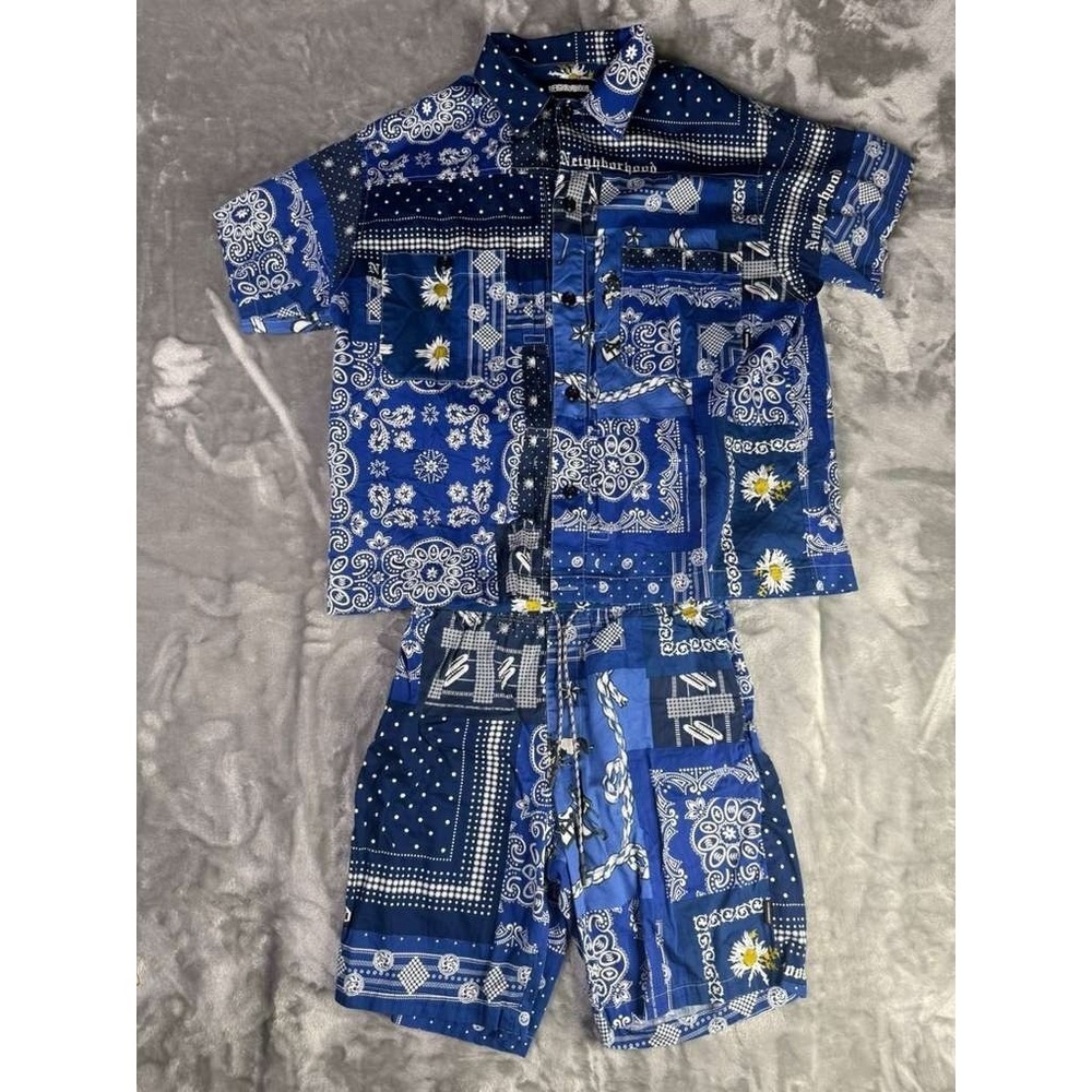 Neighborhood Blue Paisley Patchwork Japanese‎ Brand Shirt And Shorts Set Sz L/S